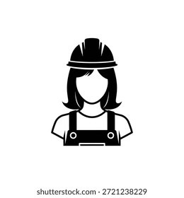 Black and white construction worker icon wearing hard hat and overalls representing safety labor