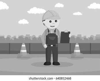 black and white construction worker reading clipboard black and white style