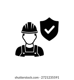 Black and white construction worker with shield icon representing safety assurance