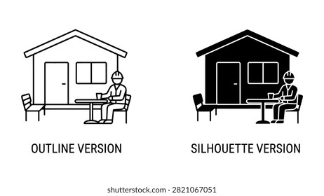 Black and white construction worker sitting at a small table outside a cabin house icon set for design use