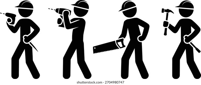 Schwarz-Weiß Bauarbeiter mit Bohrer, Säge, Hammer und Schraubendreher Stick Figures.eps
