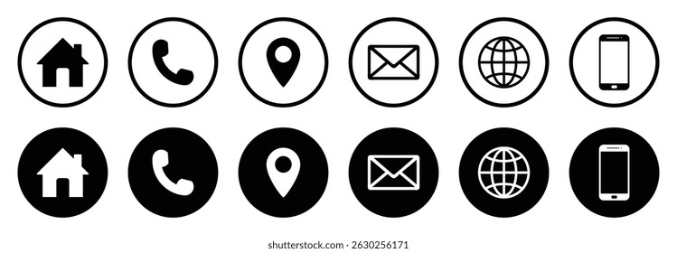 Black and white contact icons set. Home, phone, location, email, web, mobile circle outline and solid style. Vector illustration.