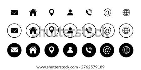 Black and white contact icons set in minimal line style on a clean white background, representing communication and navigation concept. Hand-drawn vector illustration