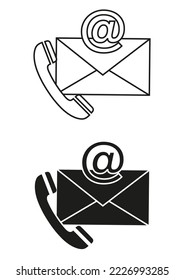 Black And White Contact Support Icon Flat Design Vector. Email And Phone Icon