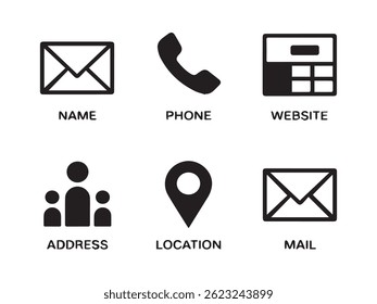 Black and White Contact Symbols for Business and UI Design