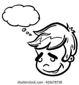black and white content boy with thought bubble cartoon