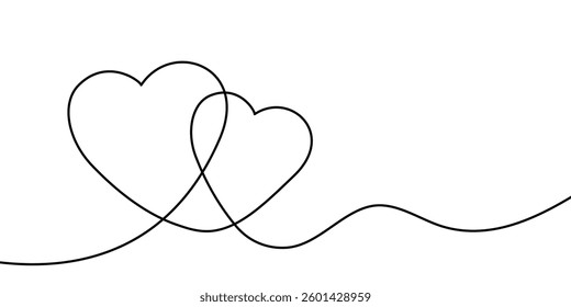 Black and white continuous line art illustration of two intertwined hearts, symbolizing love, connection, and romance