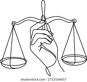 A arte da linha contínua preta e branca de uma mão segurando escalas de justiça