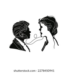 black and white continuous line drawing of two people talking, Minimalist black linear sketch isolated on white background. Vector illustration, outline, icon