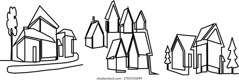 Desenho de linha contínua preto e branco com várias casas e árvores dispostas em três grupos separados, ilustrando uma cena de aldeia ou bairro simplificada com uma estética minimalista.