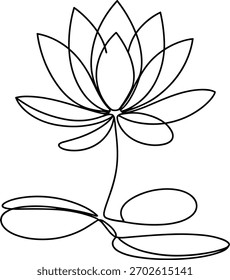 Desenho de linha contínua preto e branco de uma flor de lótus