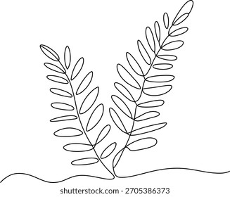 Dibujo de línea continua en blanco y negro de dos hojas de helecho
