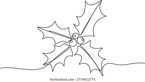 Um desenho de linha contínua preto e branco de uma mola de azevinho festivo, perfeito para projetos de Natal e férias.