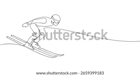 Black and white continuous line drawing of a ski jumper in flight, ideal for winter sports visuals.
