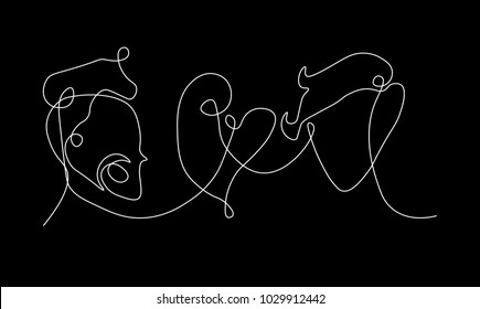 Black   White Continuous Line Minimalistic Two Love Men / Boys Abstract Graphic Design Vector Illustration  Gay Couple  Romantic  Pride  Heart  Lines  Linear  Drawing  Sketch  Outline  Doodle 