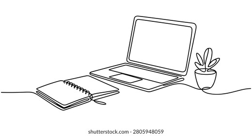 Black and white continuous line of an open notebook laptop and potted plant continuous one line drawing in white background