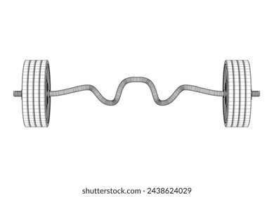 Black and white contour of a barbell, isolated on the white background. Illustration of heavy athletic barbell. Design element for logo, label, emblem. Vector illustration. 3D. Front view.