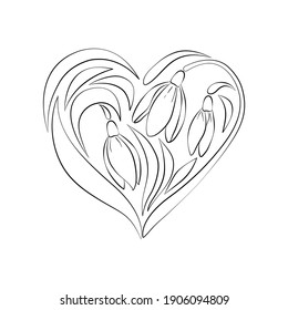 Black and white contour bouquet of flowers in the shape of a heart, snowdrops, isolated on a white background. Great for decorating a greeting card, romantic valentine, any other design of yours.