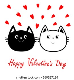 Black White contour Cat head couple family icon. Red heart set. Cute funny cartoon character. Happy Valentines day Greeting card. Kitty Whisker Baby pet collection background. Isolated. Flat Vector