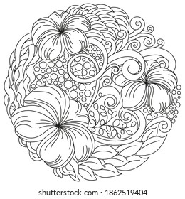 black and white contour coloring with floral motifs, leaves and curls