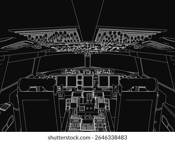 Black and white contour drawing of an aircraft cockpit featuring two seats, control panels, and various instruments against a dark background. The detailed sketch highlights the intricate interior.