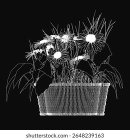 A black and white contour drawing of a basket overflowing with delicate daisies, set against a dark textured background. The clean line art emphasizes simplicity and elegance