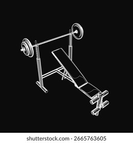 Desenho de contorno preto e branco de uma prensa de banco com uma barbell ajustável, isolado em um fundo escuro. O equipamento é ideal para treinamento de força e exercícios de corpo inteiro.