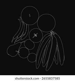 Schwarz-weiße Umrisszeichnung von gruppierten Früchten auf festem schwarzem Hintergrund. Die überlappende Anordnung schafft Tiefe und visuelles Interesse. Der minimalistische Stil hebt die klaren Umrisse hervor.