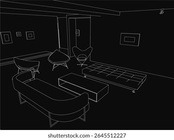 Black and white contour drawing of a cozy living room interior featuring a sofa, chairs, and a central table. Frames adorn the walls, and a door adds depth to the minimalist composition.