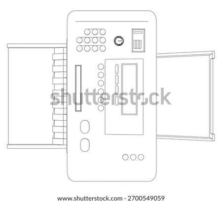 Black and white contour drawing of a desktop printer control panel. The rectangular device features a central display screen surrounded by grid-patterned buttons. Top view