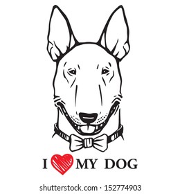 Black and white contour drawing of a dog. Illustration of a smiling bull terrier with a bow tie. Inscription I love (heart) my dog.