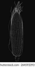 Desenho de contorno preto e branco de uma orelha de milho com cascas detalhadas e grãos visíveis, isolado em um fundo preto forte para alto contraste. As linhas limpas e intrincado sombreamento enfatizam