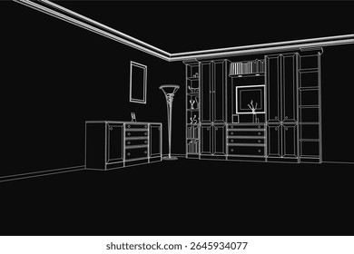 A black and white contour drawing of an elegant interior with a desk, cupboards, and a lamp, featuring a framed artwork on the wall. Various objects are neatly arranged inside the cupboards