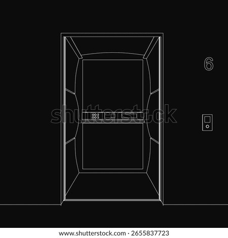 A black and white contour drawing of an elevator with the number 6 displayed prominently. The design features clean lines and a stark black background for contrast.