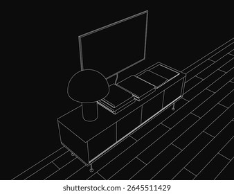 A black and white contour drawing of a flat screen TV on a table, accompanied by a lamp. The dark background creates a mysterious atmosphere in the room.