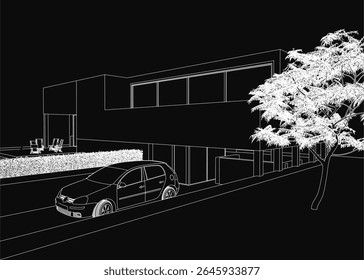 Black and white contour drawing of a house with a parked car, surrounded by trees and outdoor chairs. The dark background creates a mysterious atmosphere, emphasizing the clean exterior lines.