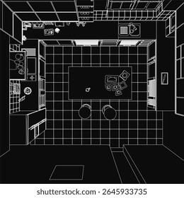 Black and white contour drawing of a kitchen with a wooden table, chairs, and cupboards. Includes a sink, tap, and scattered utensils for a detailed interior scene.