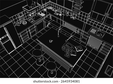 A black and white contour drawing of a kitchen featuring a wooden table with chairs, a sink and tap, wall-mounted cupboards, and assorted objects on the counter.