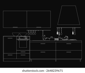 Black and white contour drawing of a kitchen featuring a stove top oven, wooden cupboards, hanging spoons, and ceramic bowls. Various utensils are neatly arranged in this detailed sketch.