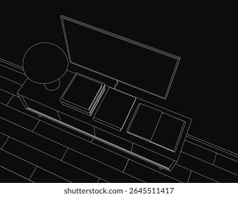 A black and white contour drawing of a laptop resting on a brick wall, with a monitor and various objects on a table nearby. The sketch features clean lines and a minimalist aesthetic.