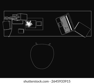 Desenho de contorno preto e branco de um notebook em uma mesa, acompanhado por um mouse e itens de escritório dispersos. O fundo escuro cria uma atmosfera misteriosa e intrigante no local de trabalho com um minimalista.