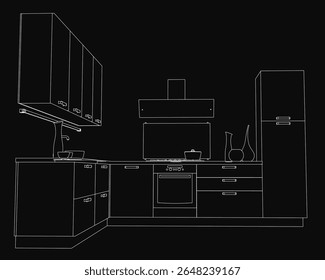 Black and white contour drawing of a modern kitchen featuring a stove top oven, sleek cupboards, and a chimney. A sink with a tap and various objects on the platform add detail, while the dark.