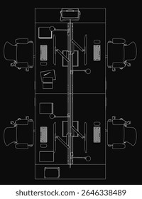 A black and white contour drawing of an office desk with chairs and a computer, arranged symmetrically against a dark background. The detailed illustration features a monitor, table, and chair