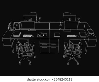 A black and white contour drawing of an office desk with two chairs, two monitors, and a keyboard. A mouse, book, and scattered objects add detail against a dark, mysterious background.