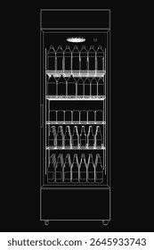 A black and white contour drawing of a refrigerator stocked with neatly arranged beer bottles, showcasing clear visibility of the contents. The clean lines and monochrome style emphasize simplicity.