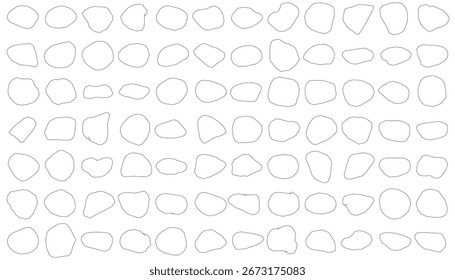 Um desenho de contorno preto e branco de rochas dispostas em um padrão de grade, apresentando círculos de formas e tamanhos variados. O design minimalista cria uma textura geométrica abstrata em um branco limpo.
