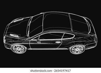 A black and white contour drawing of a small car features clean, precise lines and smooth curves. The detailed illustration stands out against a solid black background.