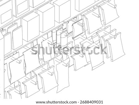 Black and white contour drawing of snack bags hanging neatly on a wall shelf. The organized arrangement suggests a well-stocked pantry or store display.