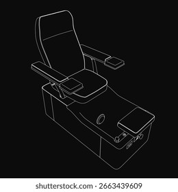 Um desenho de contorno preto e branco de uma cadeira de spa destaca-se contra um fundo escuro. O contorno branco limpo cria um contraste minimalista impressionante. O design simples, mas elegante evoca.