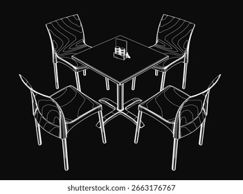 A black and white contour drawing of a table surrounded by four chairs, featuring a glass with objects placed on the surface. The dark background emphasizes the minimalist composition.